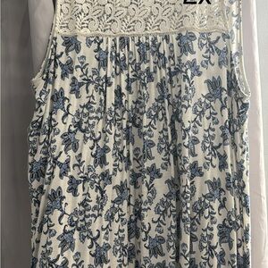 Floral Lace Trim Blouse- Blue and White